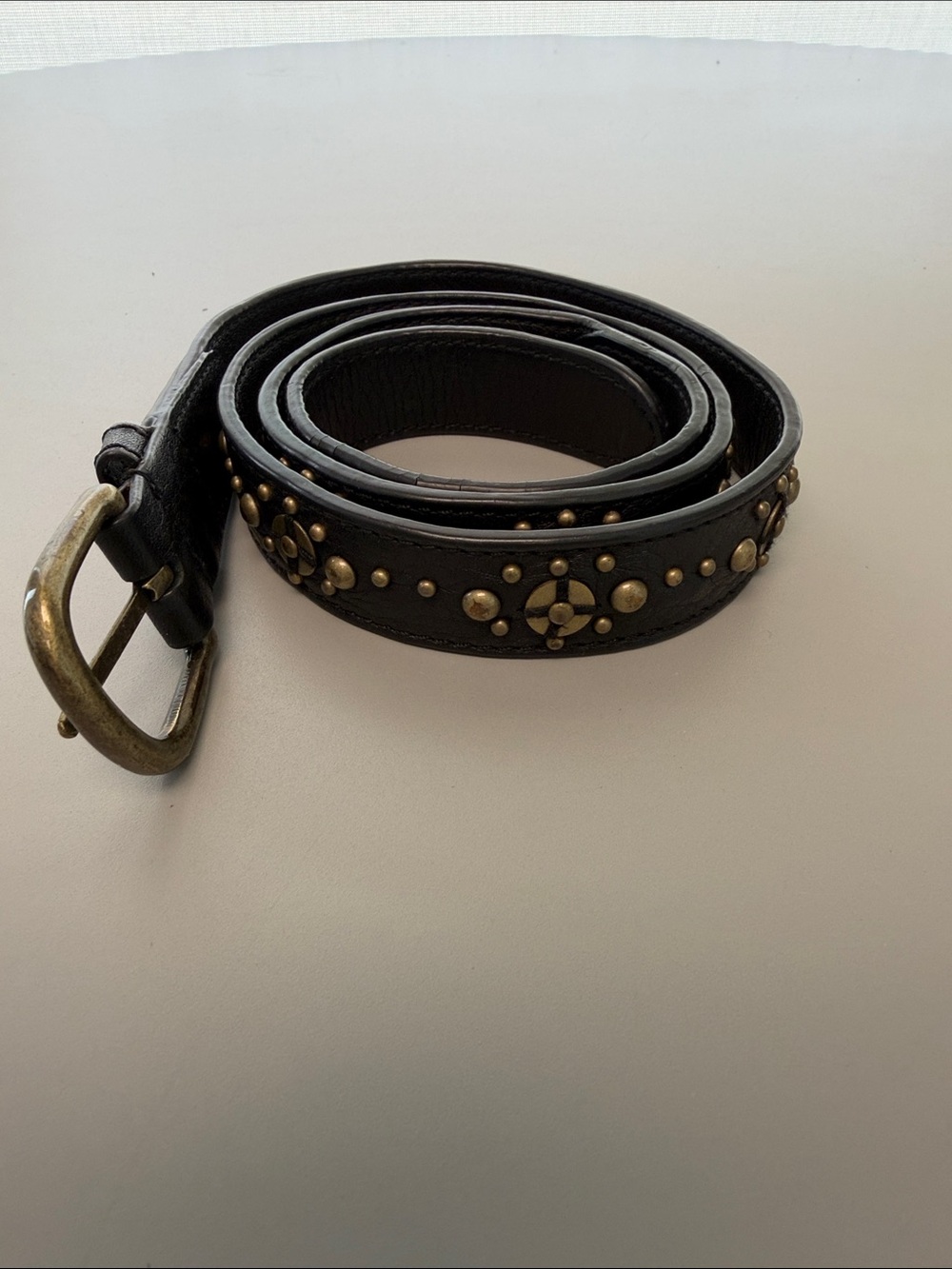 Cole Haan Black Leather Studded Belt with Brass Buckle